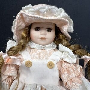 Geppeddo 9" Porcelain Girl Doll‎ Peach Hat Dress Vintage Collectible 80's 90's'